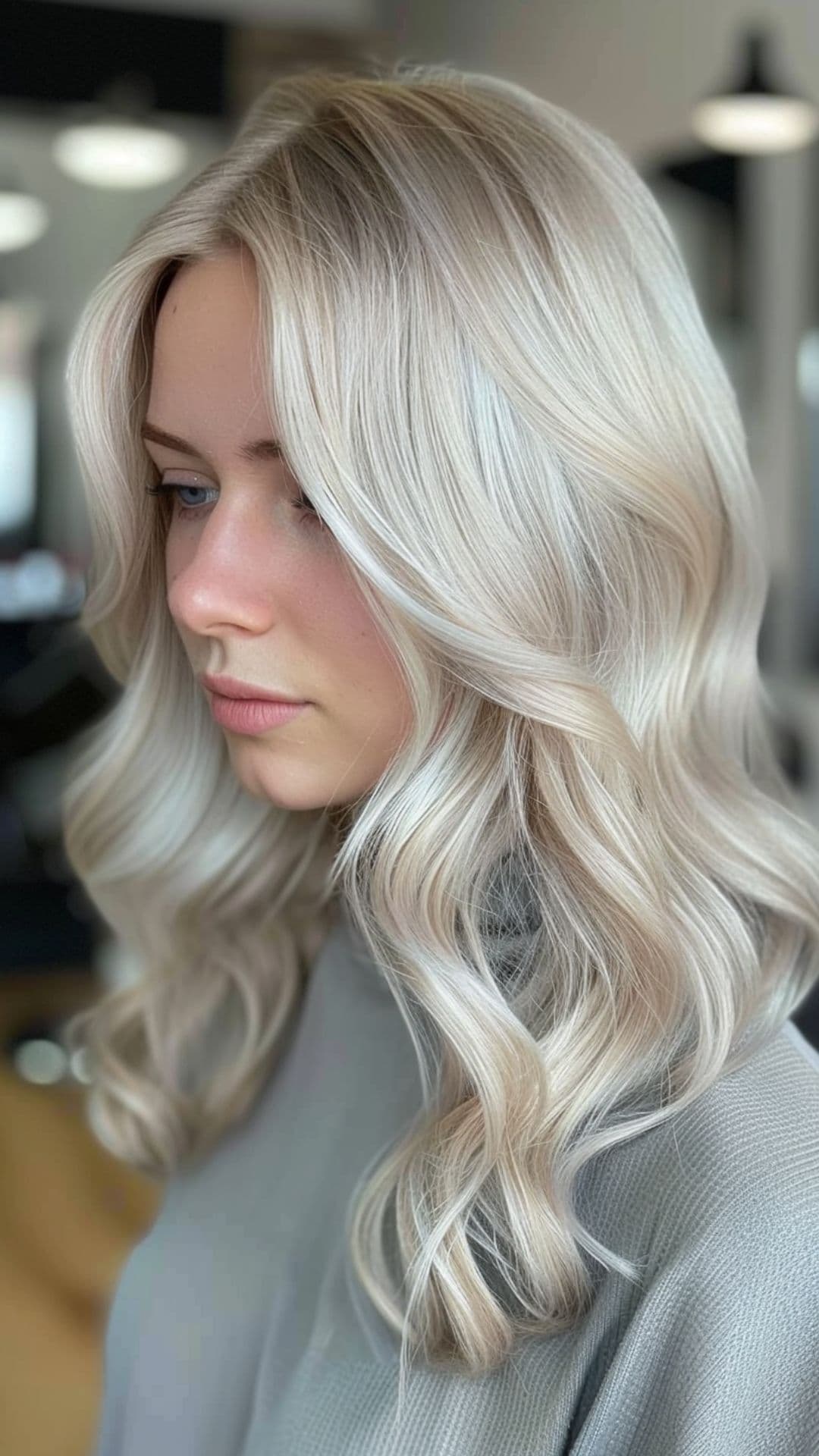 A woman modelling a pearl blonde hair.