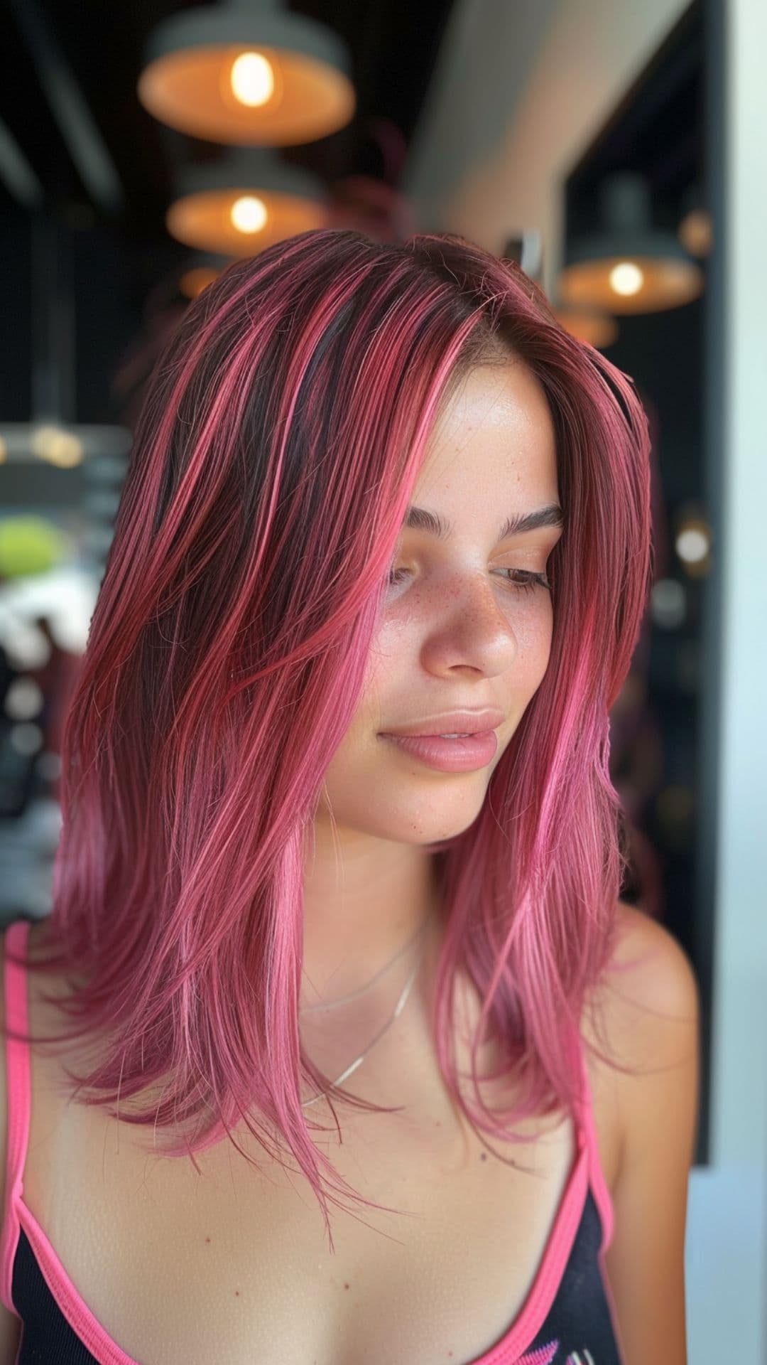 A woman modelling a pink chunky highlights hair.