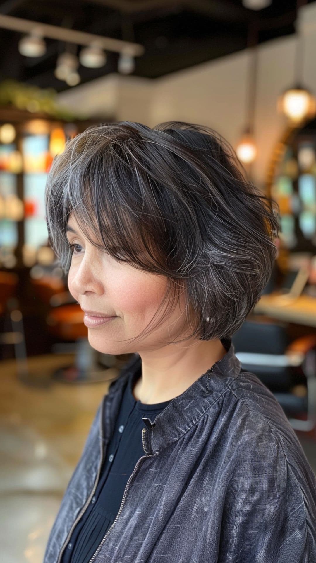 An old woman modelling a pixie bob with bangs.