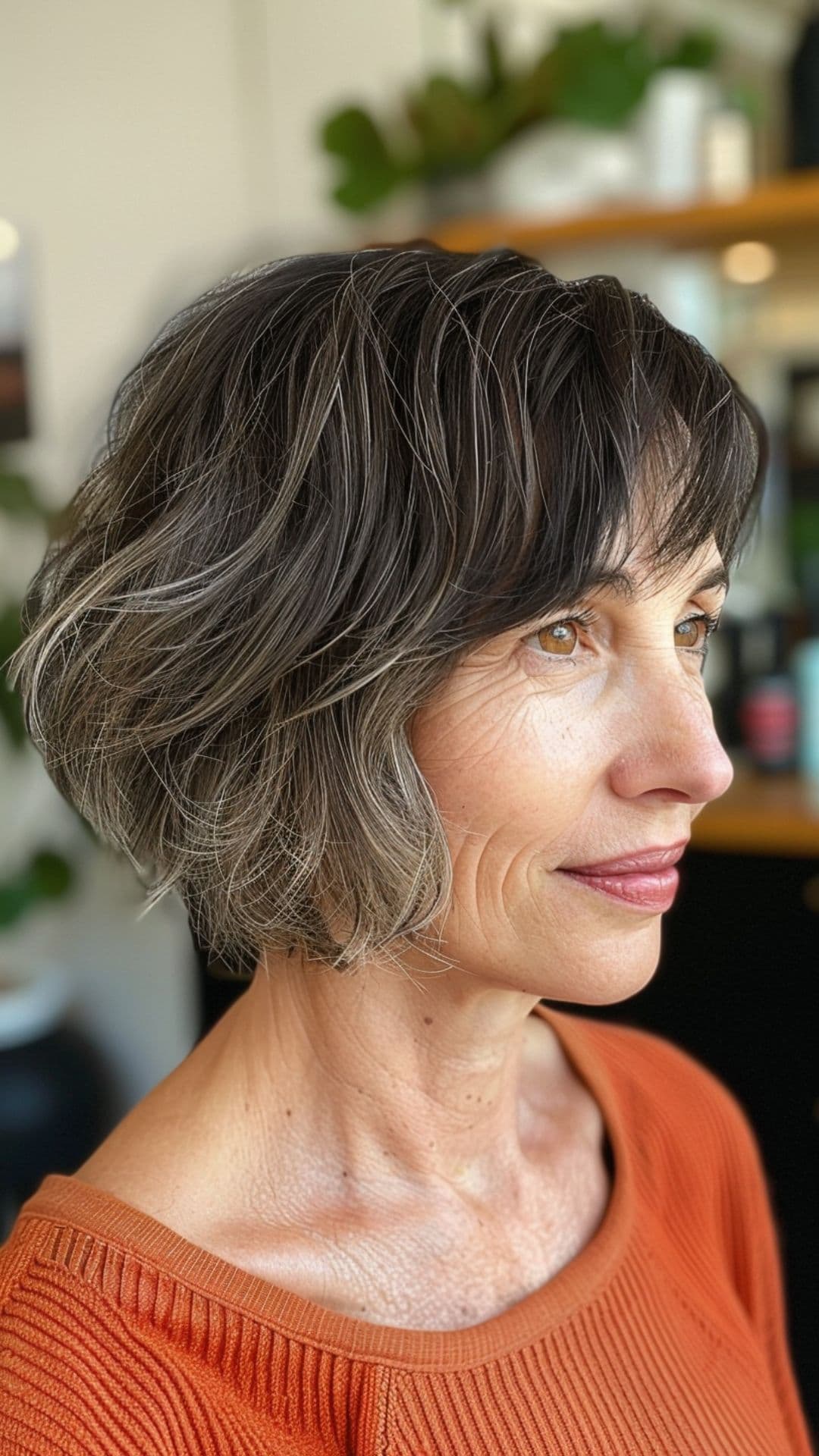 An old woman modelling a pixie bob with full razor.