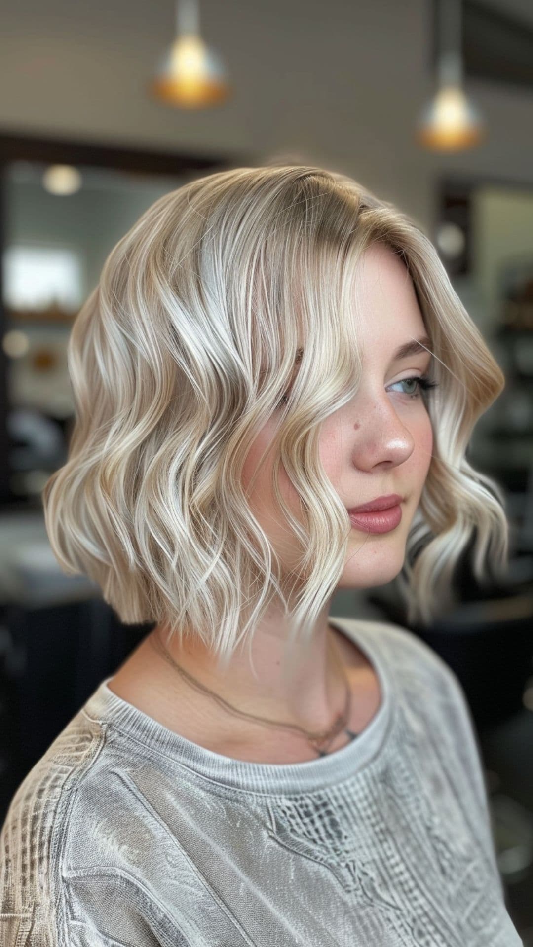 A woman modelling a platinum balayage neck-length bob.