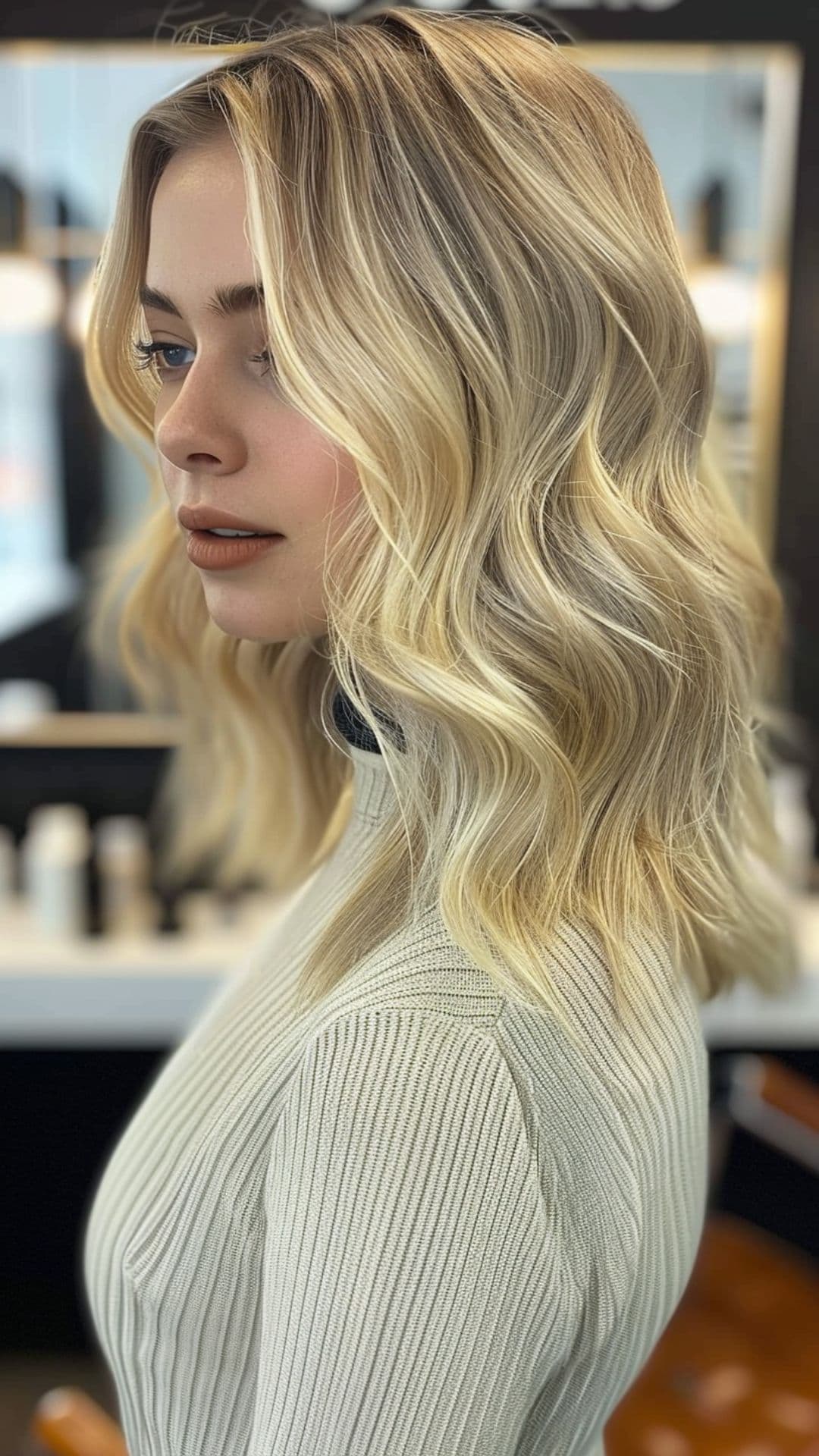 A woman modelling a platinum blonde babylights hair.