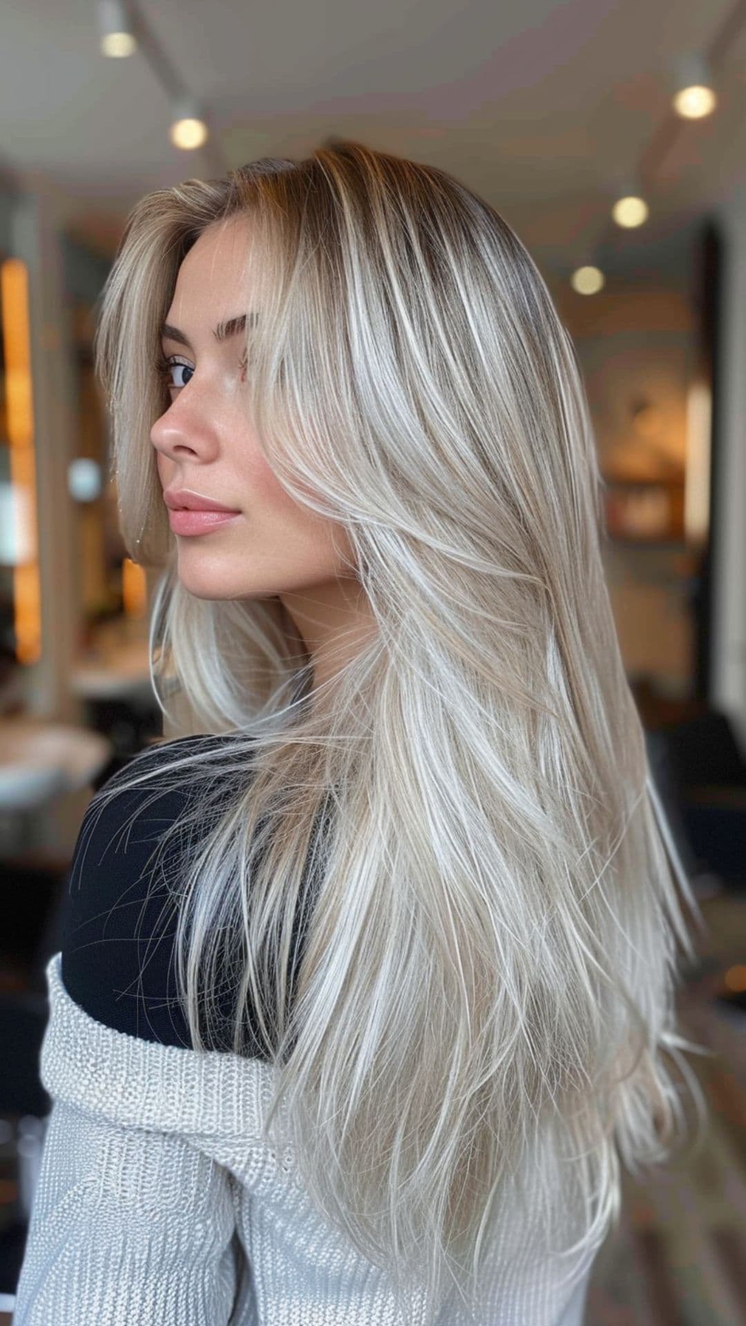 A woman modelling a platinum blonde balayage hair.