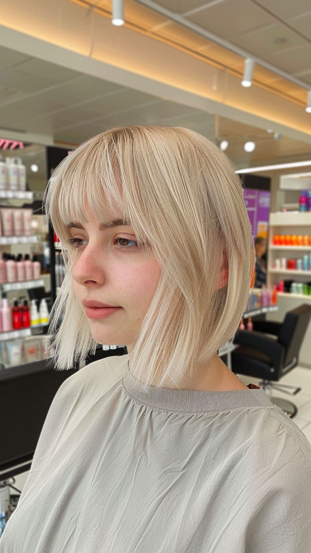 A round-faced woman modelling a platinum blonde blunt bob with full bangs hairstyle.