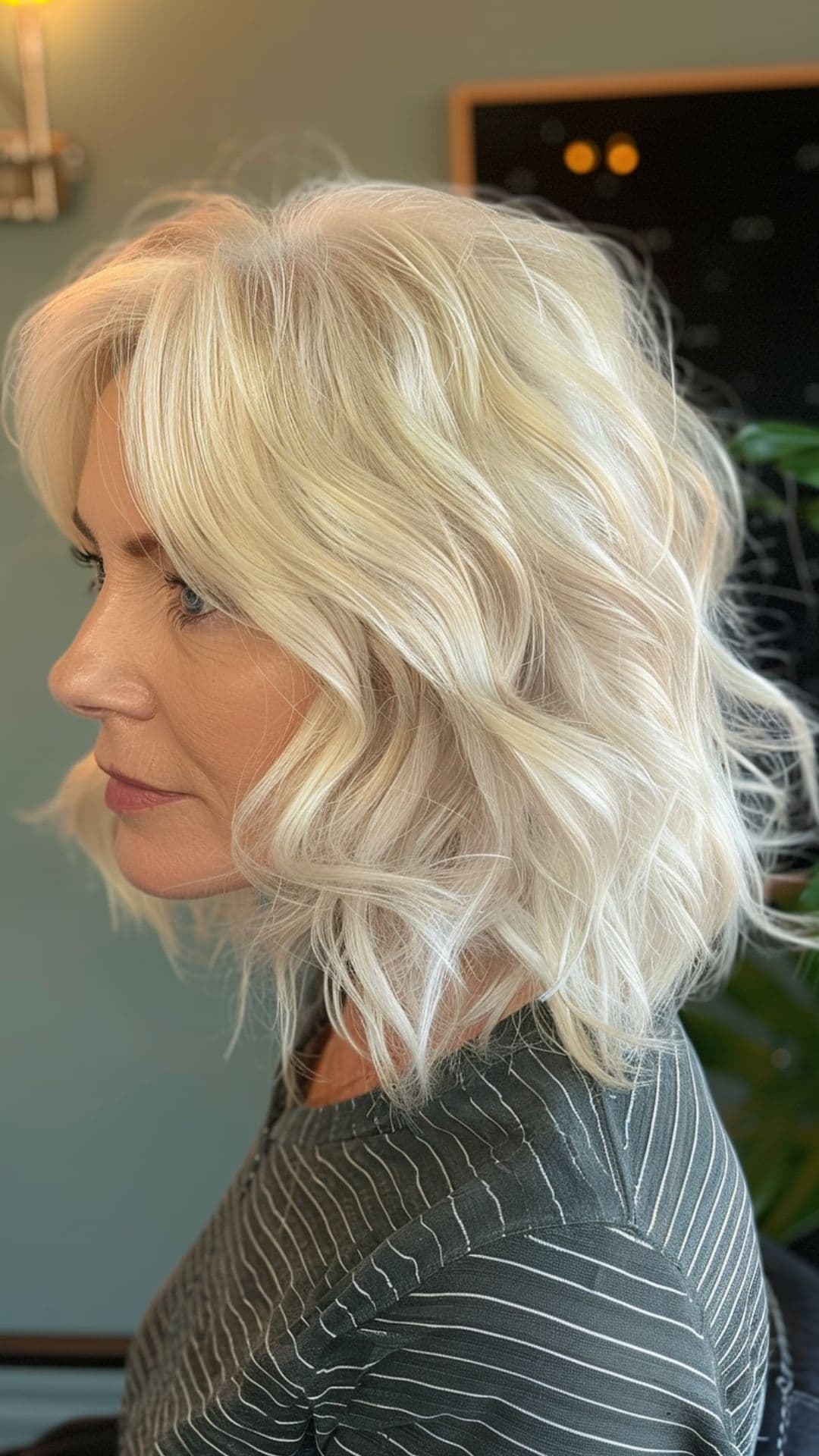 An old woman modelling a platinum blonde bob hair.