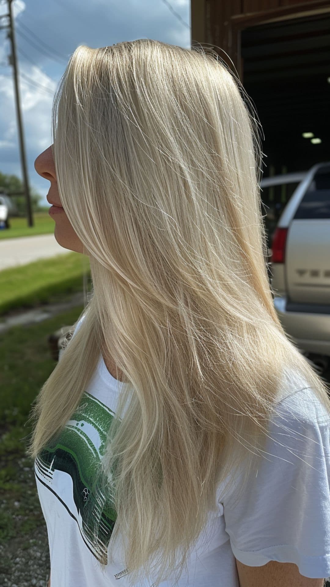 A woman modelling a platinum blonde highlights on blonde hair.