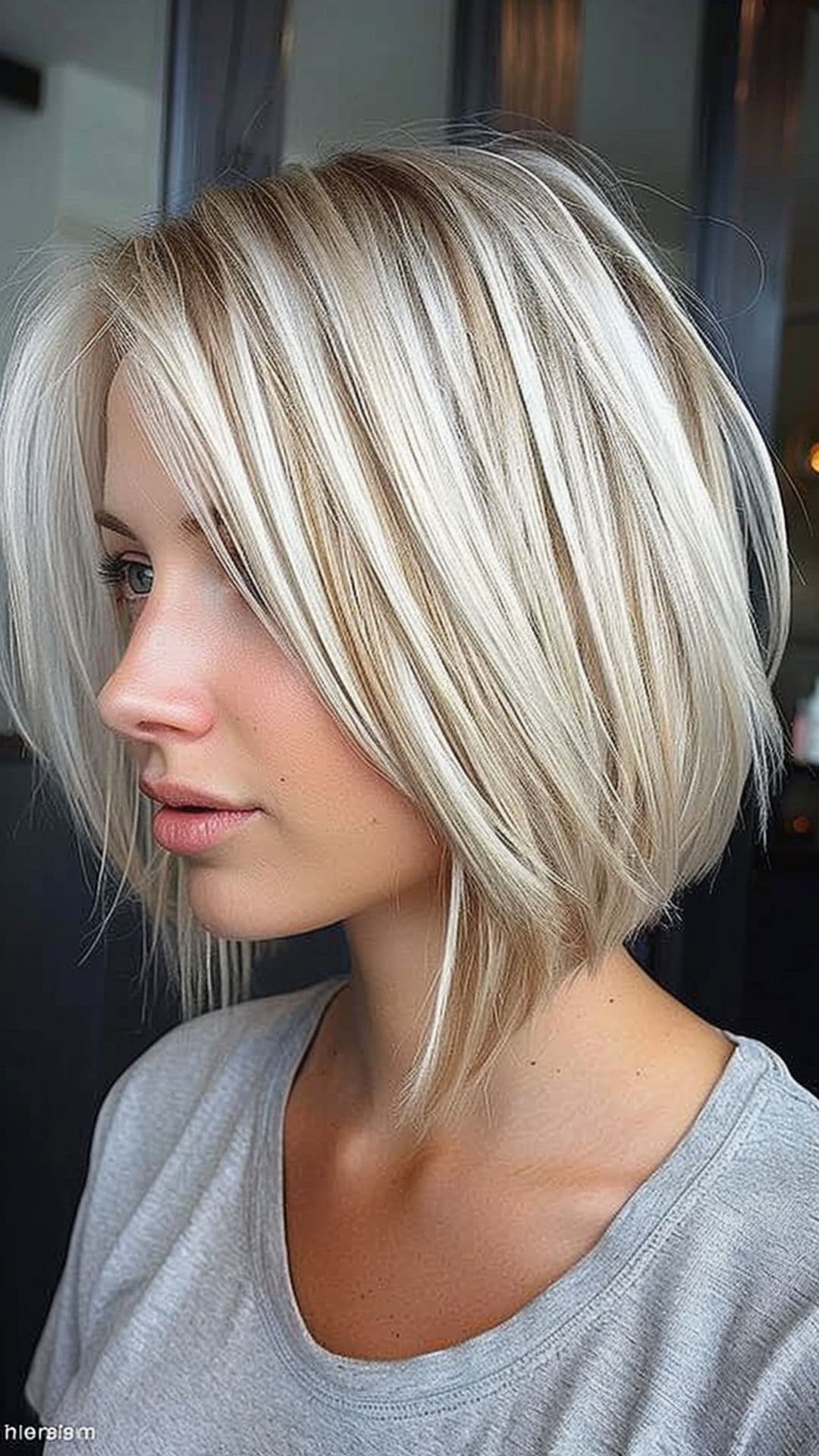 A woman modelling a platinum blonde highlights on bob cut.