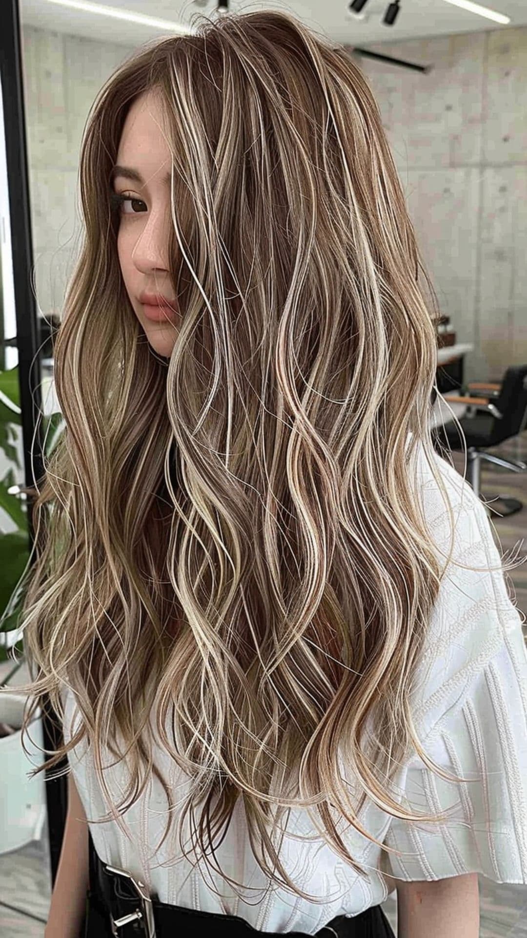 A woman modelling a platinum blonde highlights on brown hair.