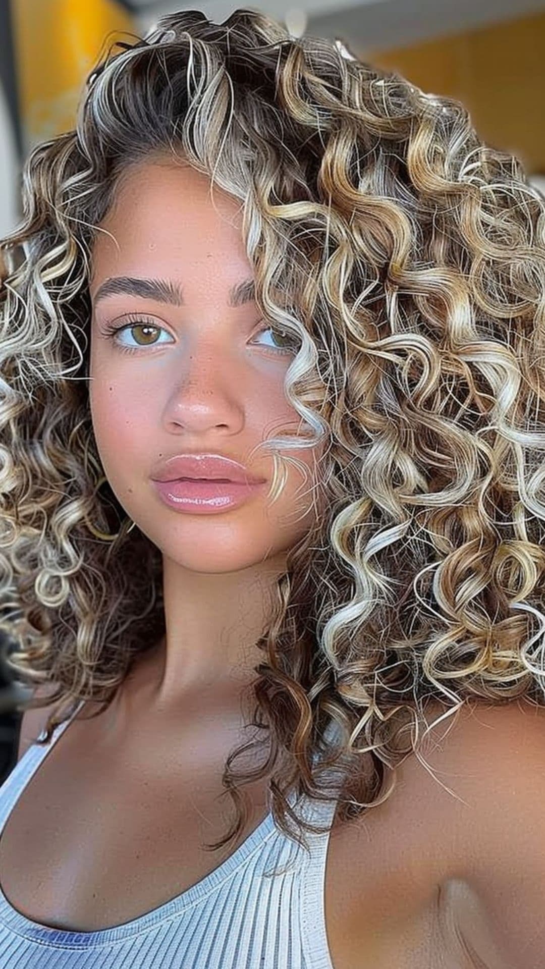 A woman modelling a platinum blonde highlights on curly hair.