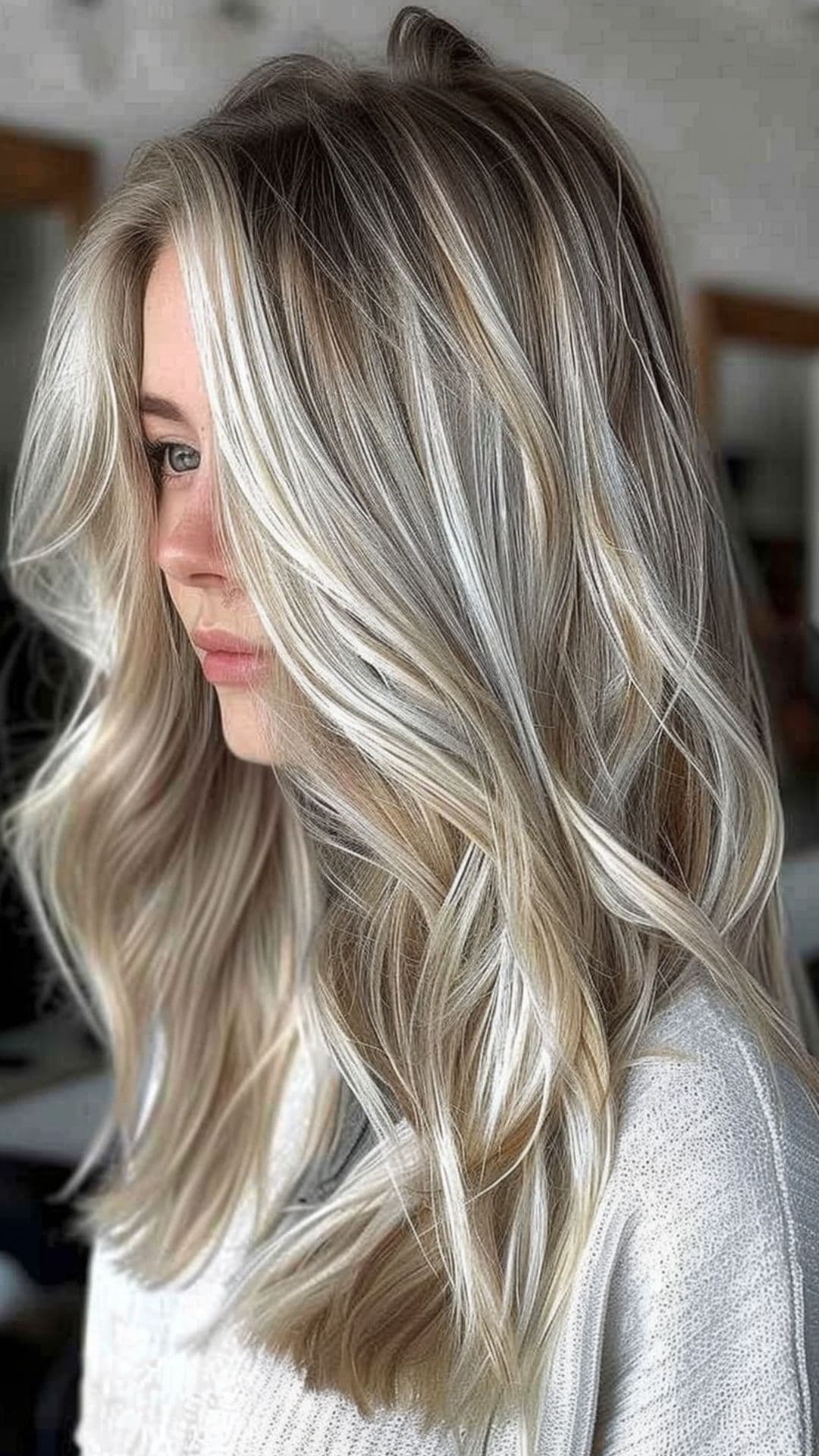 A woman modelling a platinum blonde highlights on long hair.