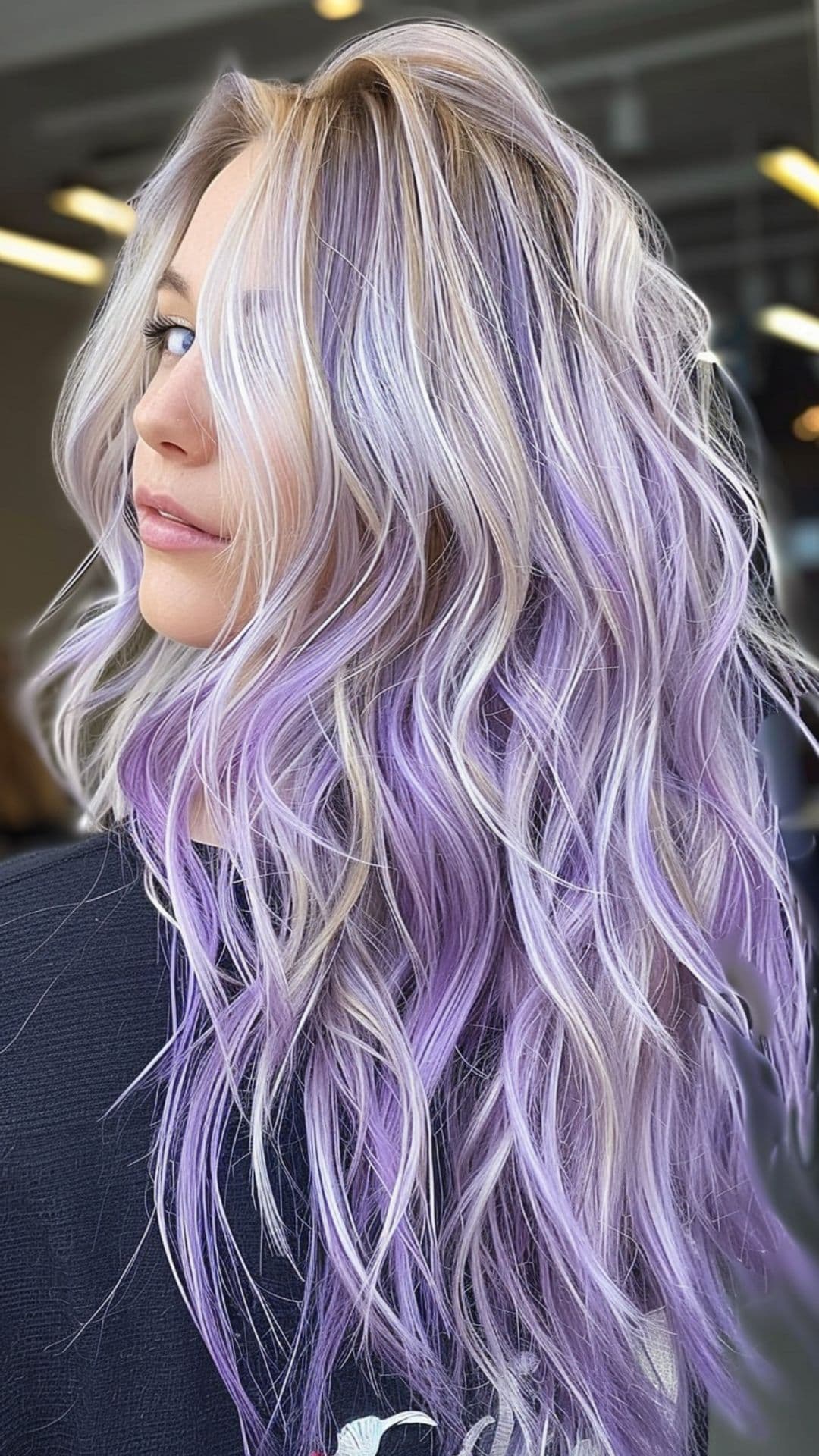 A woman modelling a platinum blonde highlights on purple hair.