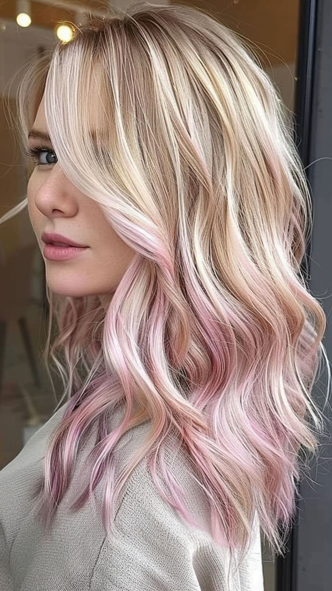 A woman modelling a platinum blonde highlights with pink pastel tips.