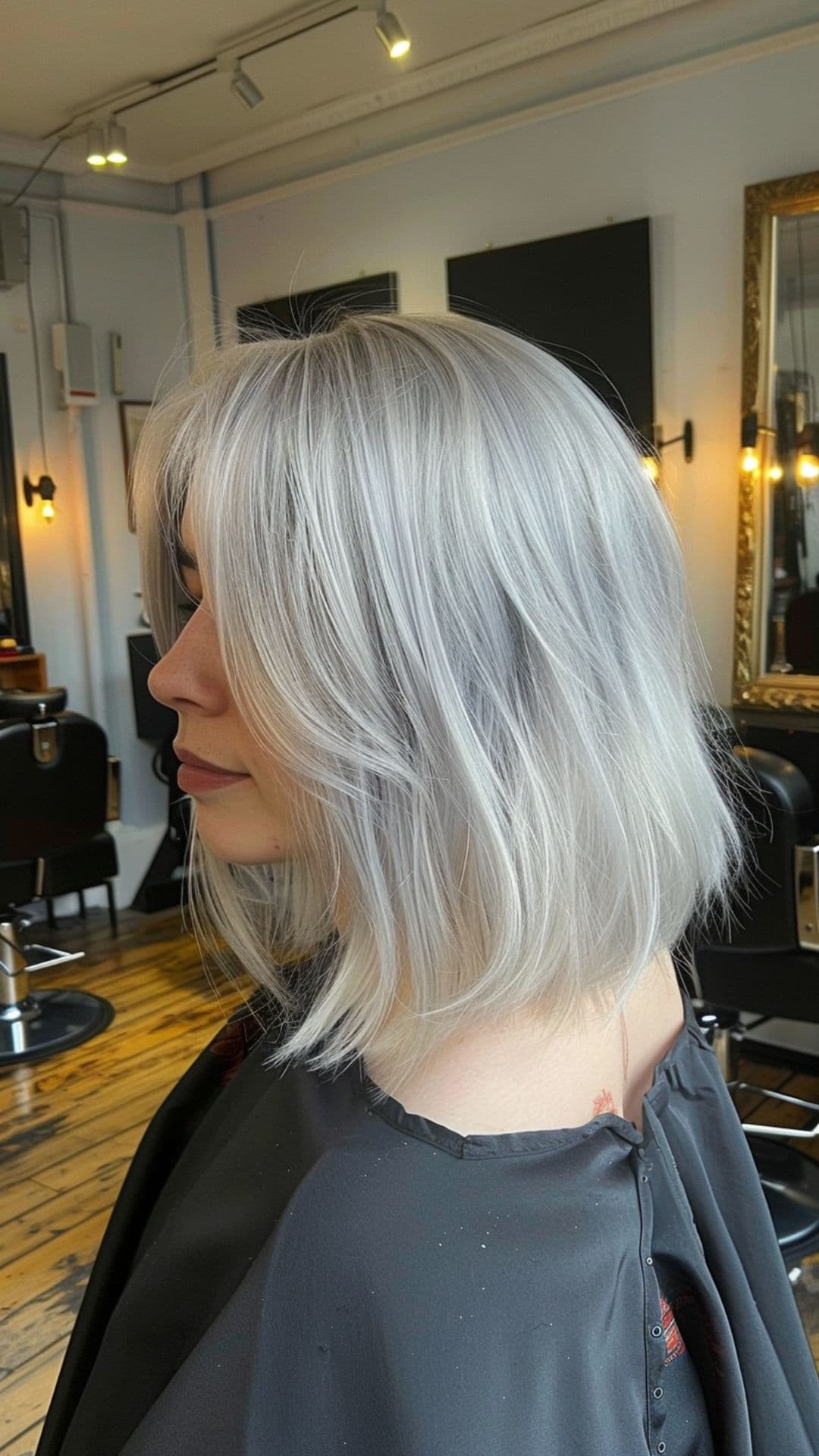 A woman modellinga platinum blonde highlights with silver undertones.