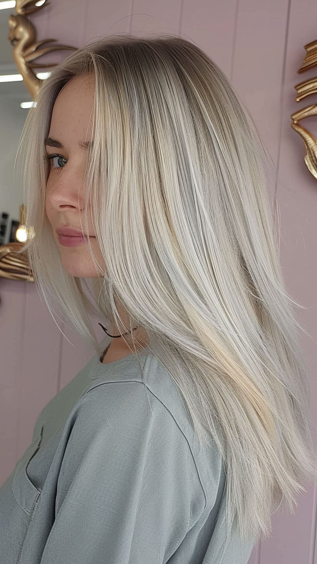 A woman modelling a platinum blonde highlights with a shadow root.