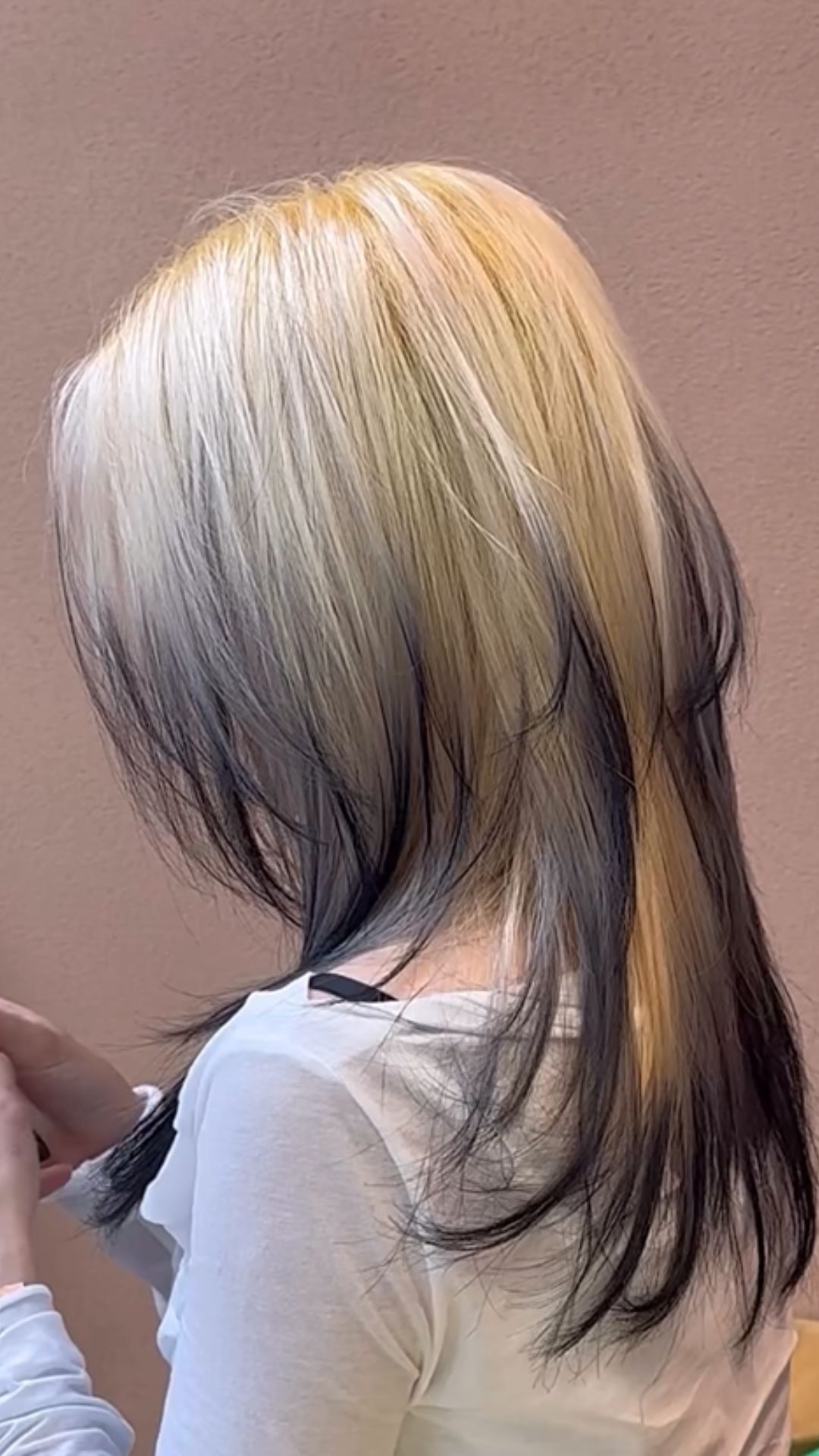 A woman modelling a platinum blonde to black ombre.