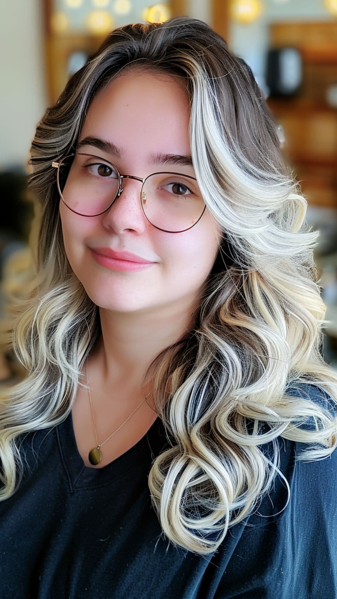 A woman modelling a platinum chunky highlights hair.