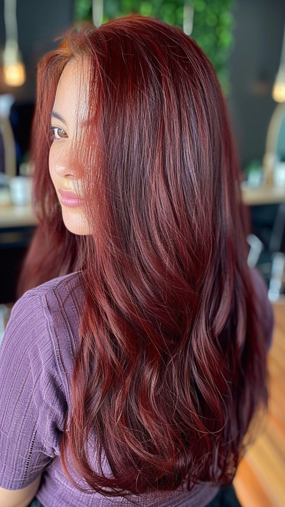 A woman modelling a plum auburn hair.