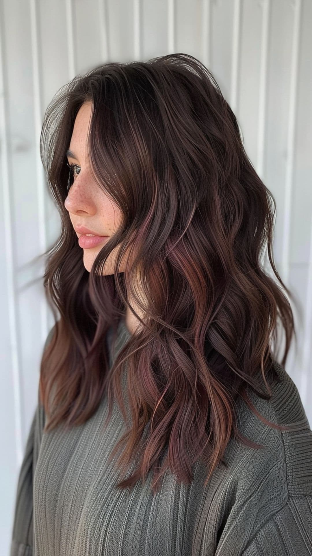 A woman modelling a plum hair highlights.