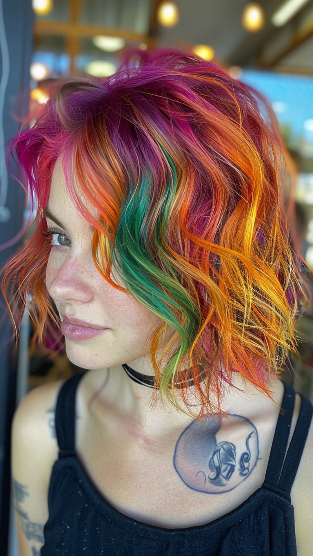 A woman modelling a rainbow chunky highlights hair.