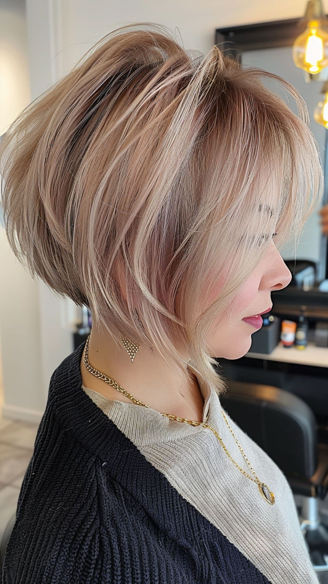 A woman modelling a razor cut inverted bob.