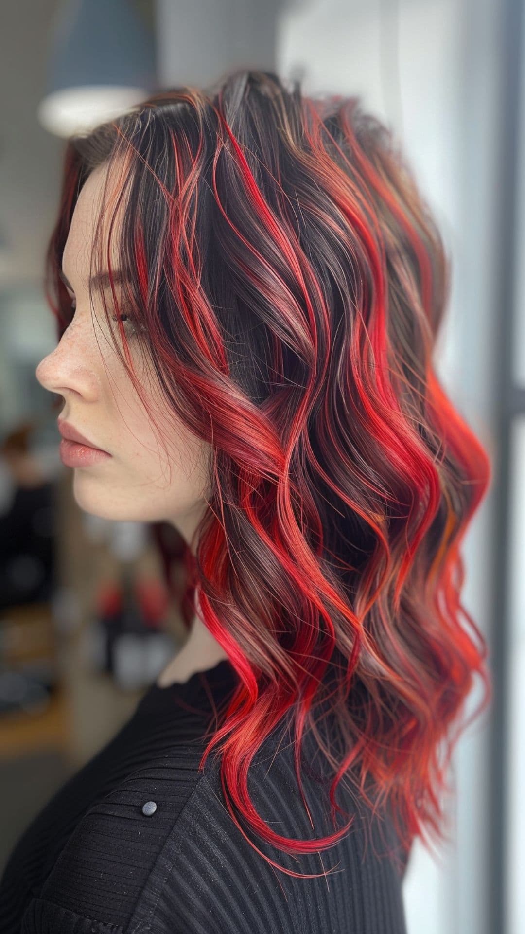 A woman modelling a red chunky highlights hair.