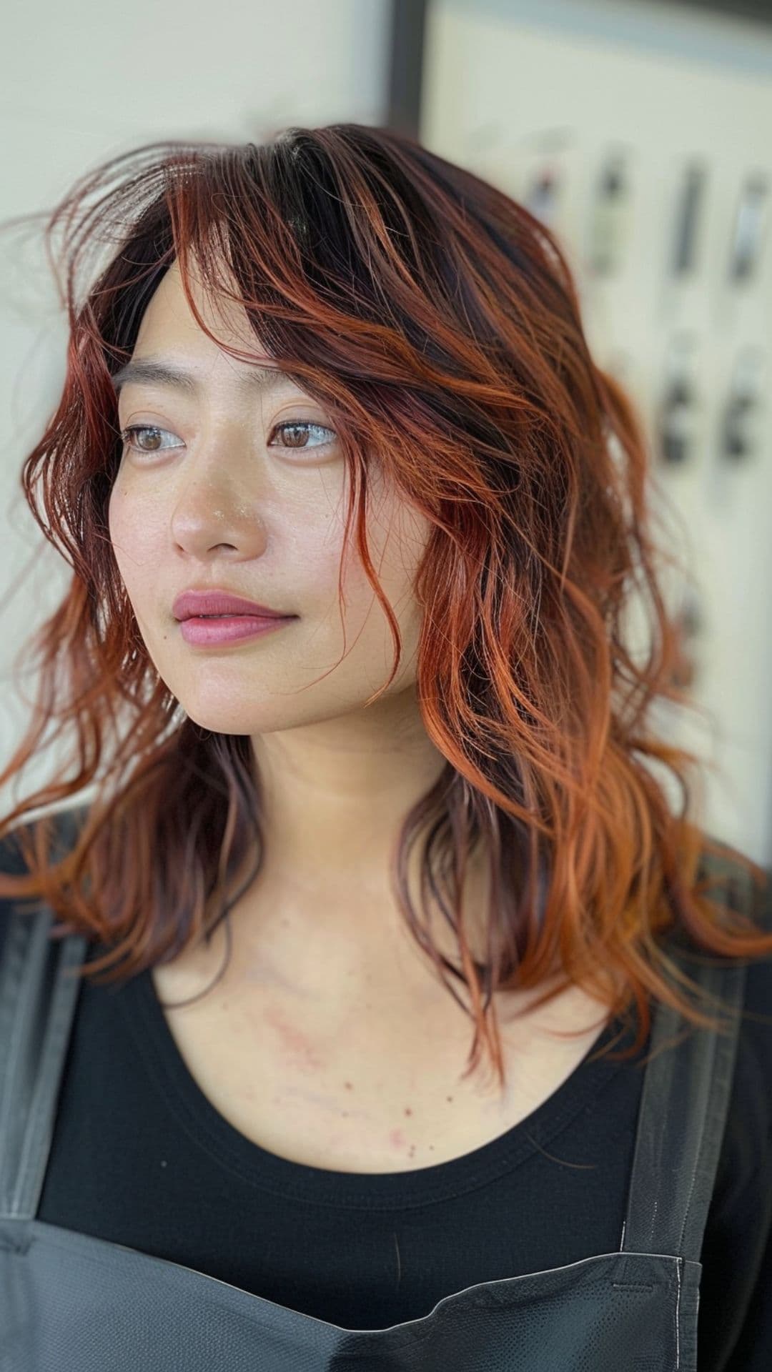 A round-faced woman modelling a red copper glaze on messy lob hair.