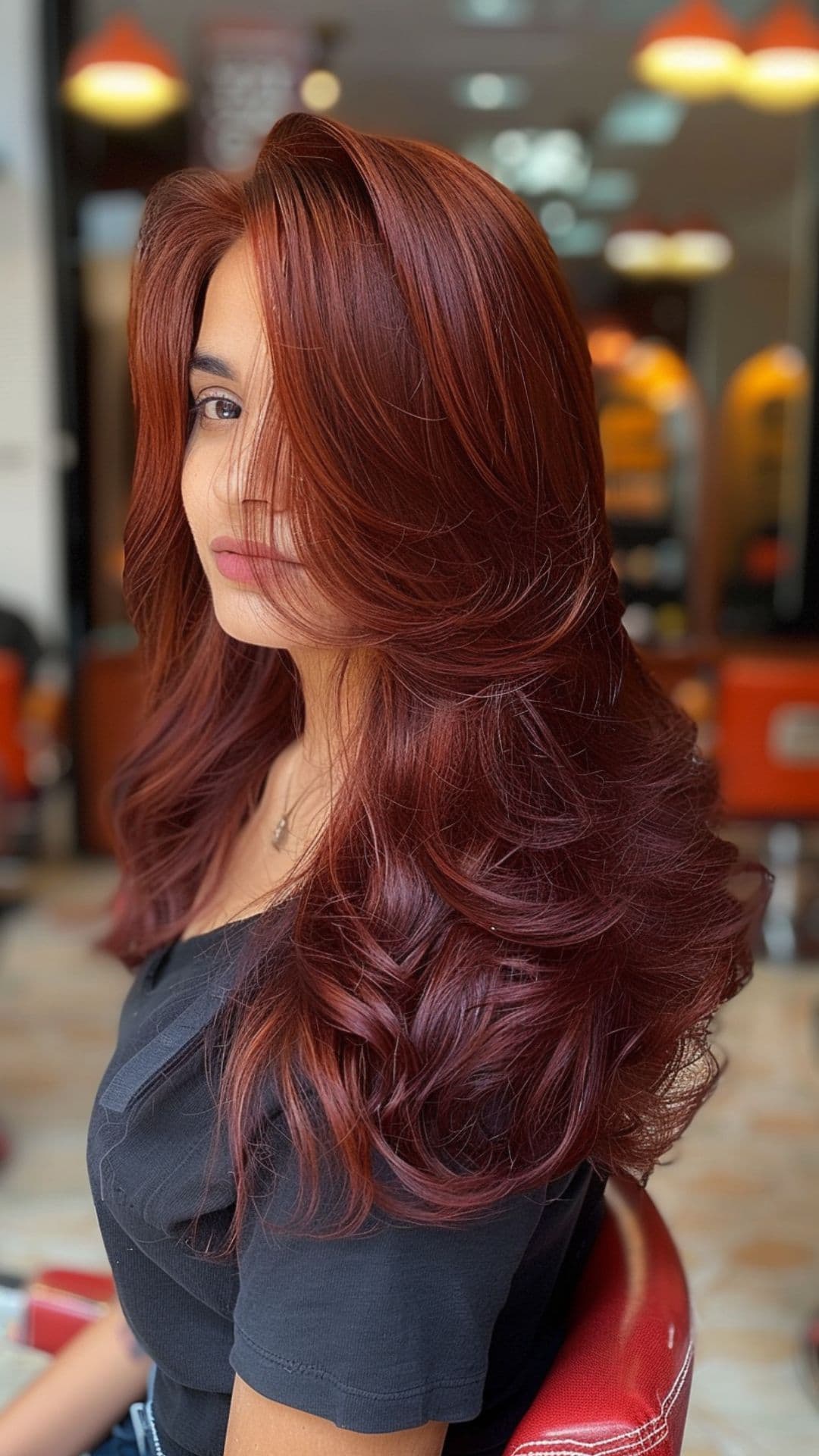 A woman modelling a rich auburn red hair.