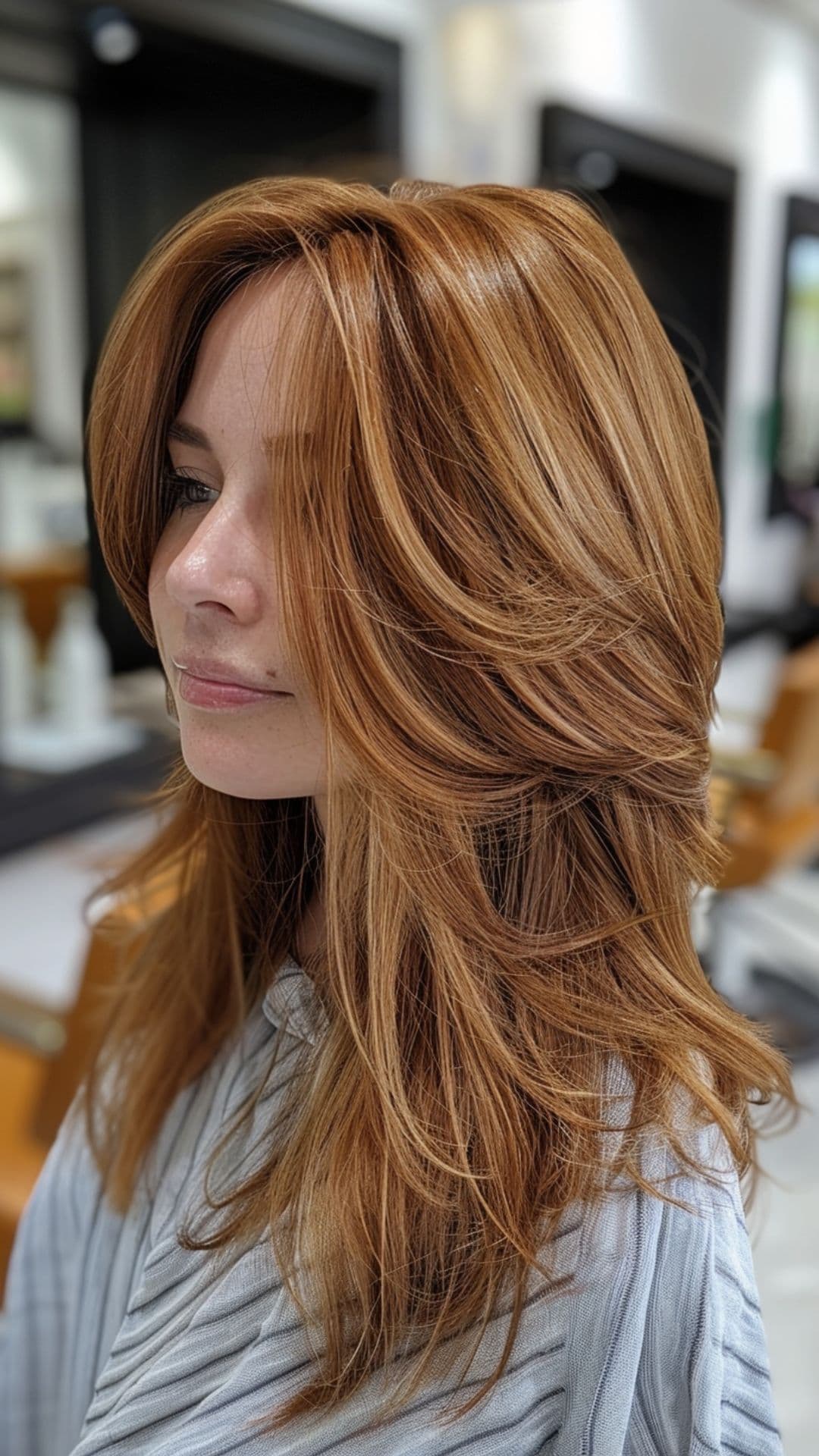 A woman modelling a rich copper auburn hair with blonde highlights.