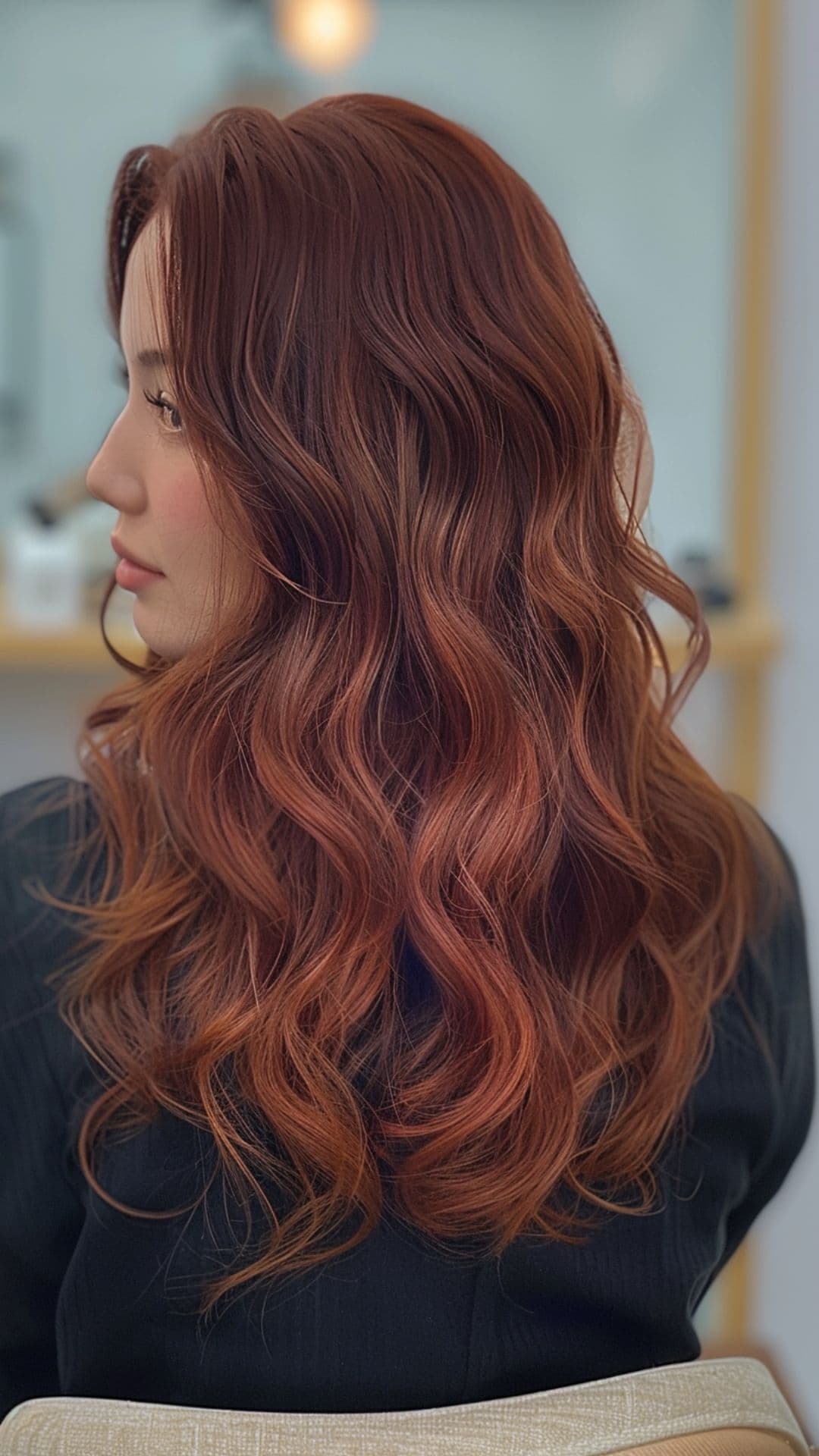 A woman modelling a rich dark auburn hair.