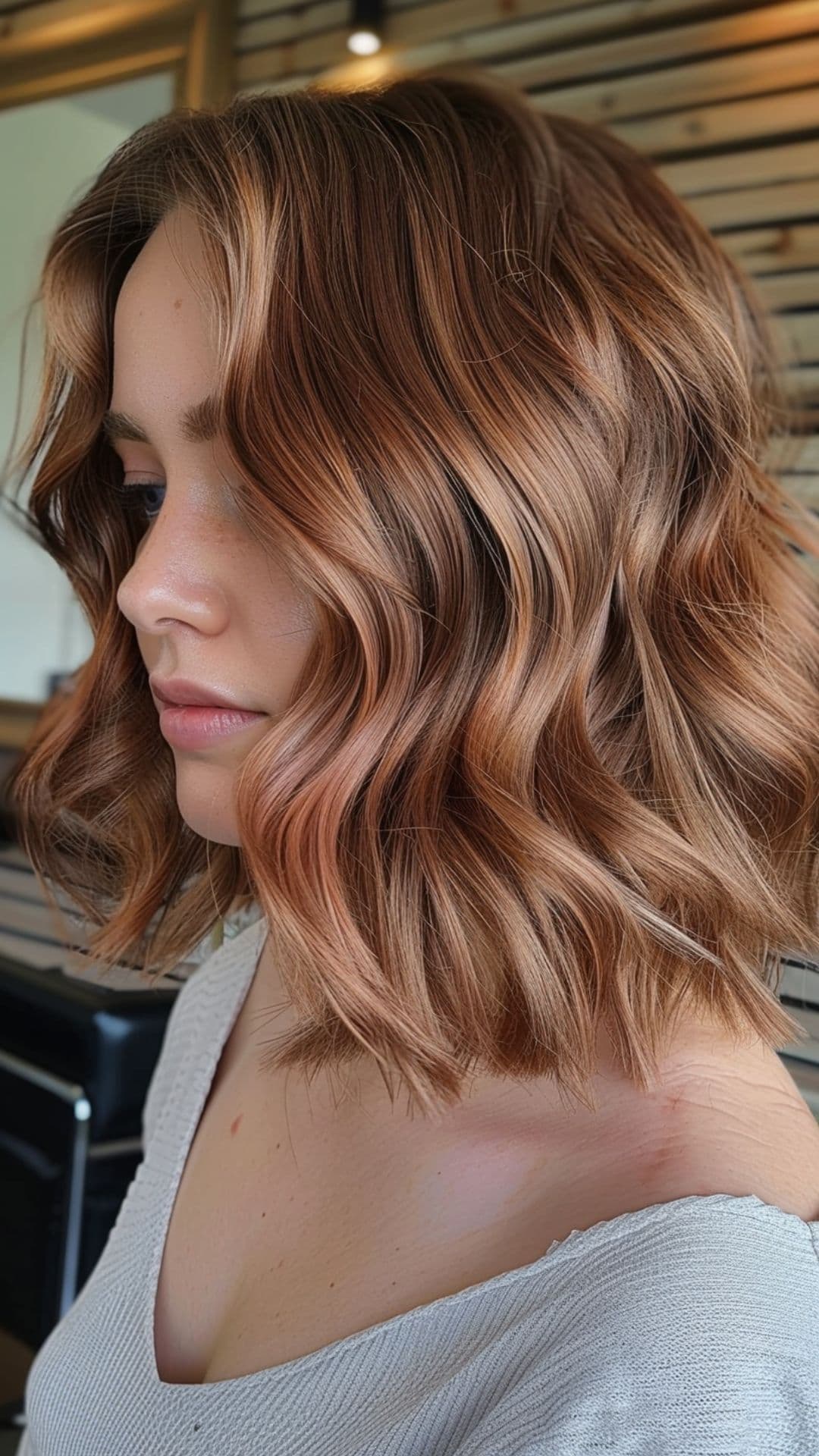 A woman modelling a rose gold balayage lob hair.