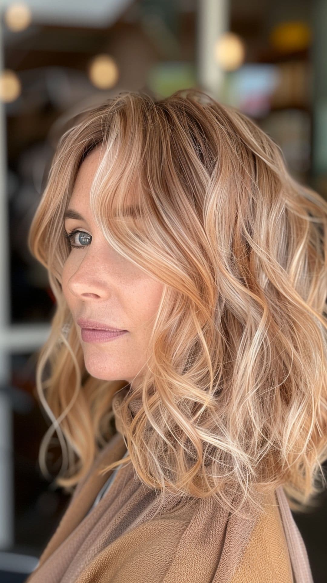 An old woman modelling a rose gold blonde hair.