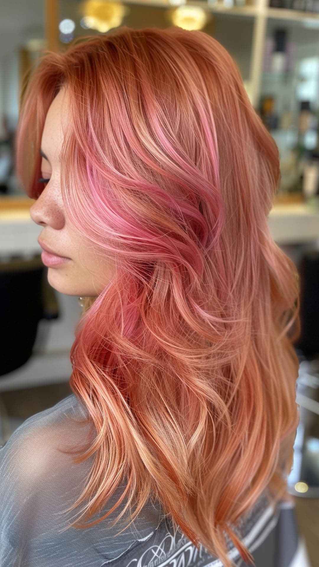 A woman modelling a rose gold melt hair.