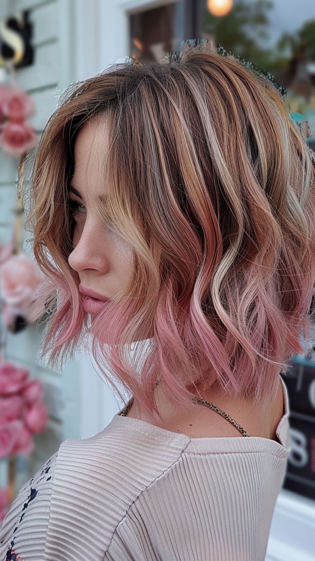 A woman modelling a rose gold ombre hair.