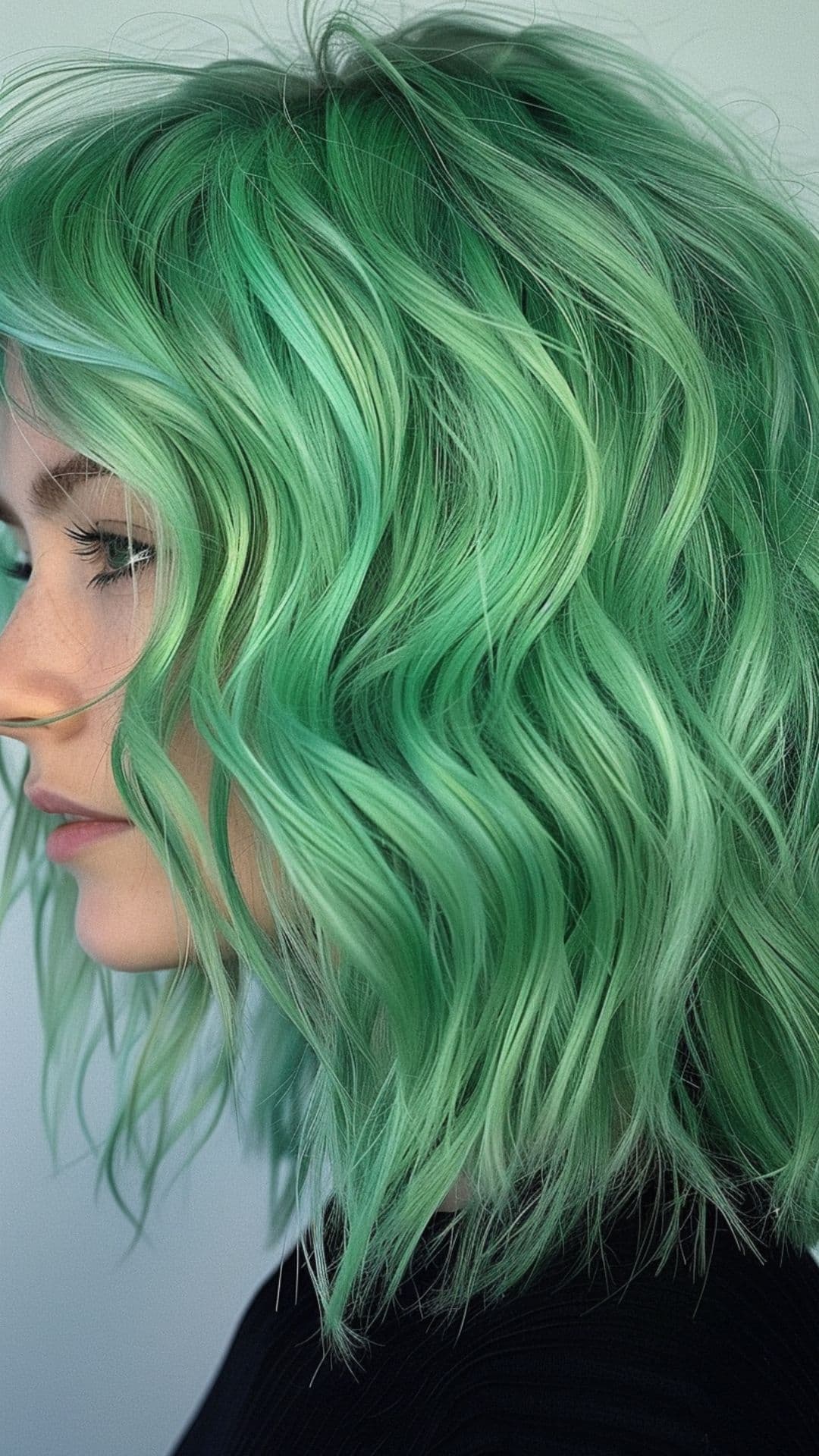 A woman modelling a sage green hair.