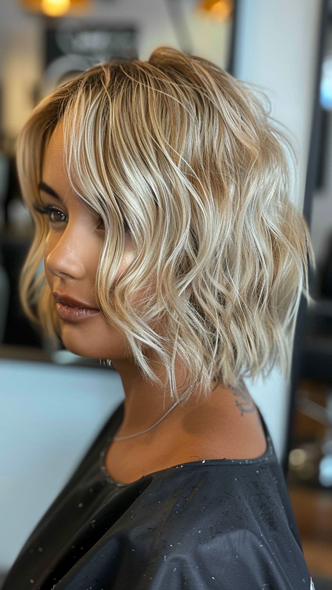 A woman with a dark skin tone modelling a sandy blonde hair.