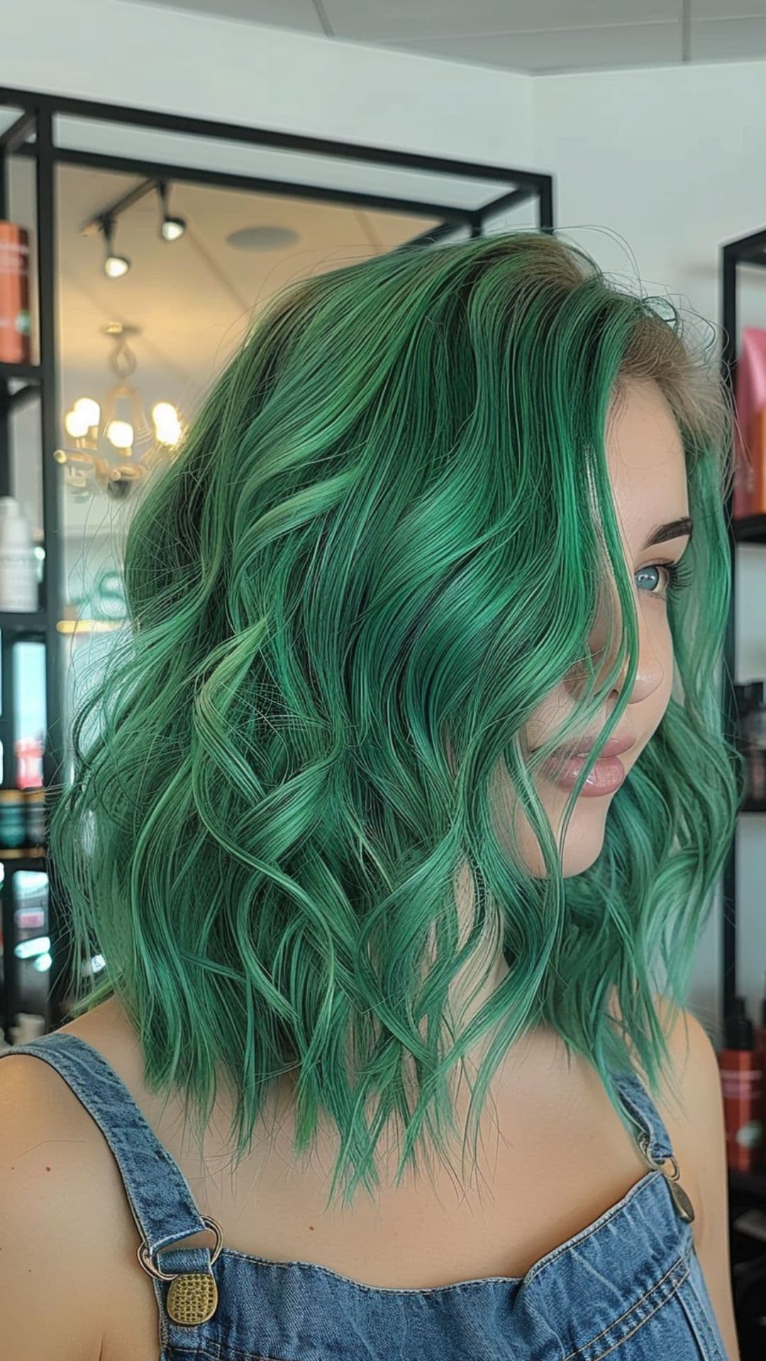 A woman modelling a seafoam green hair.