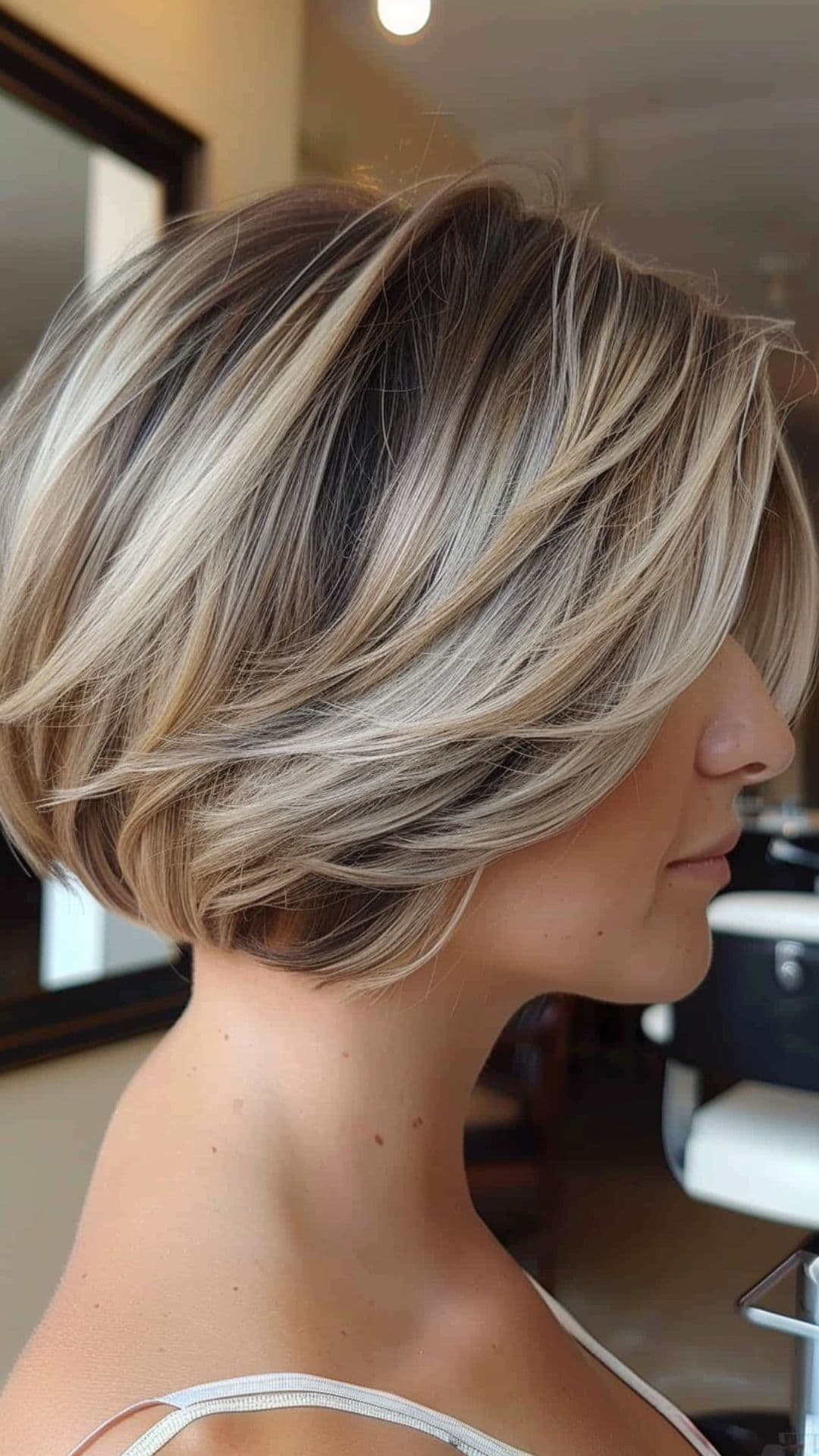 A woman modelling a short inverted bob.