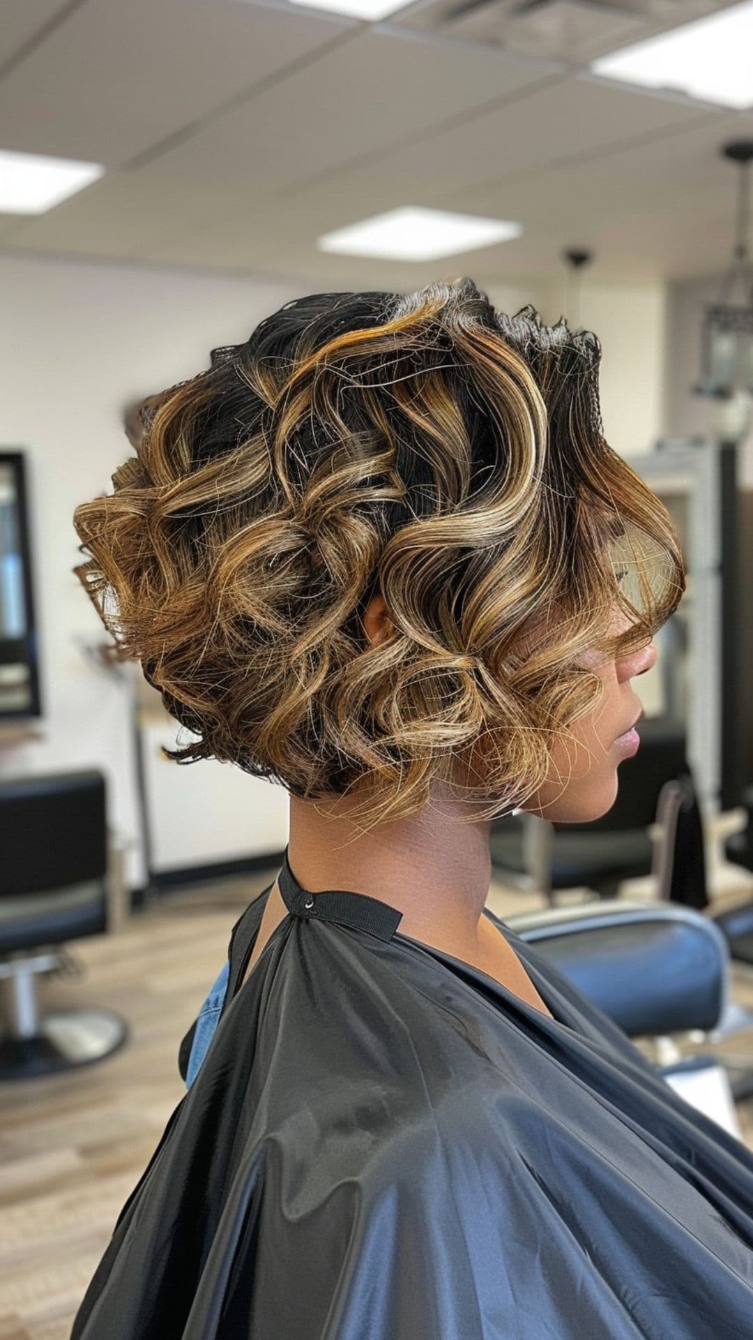 A woman modelling a silk press and curled inverted bob.