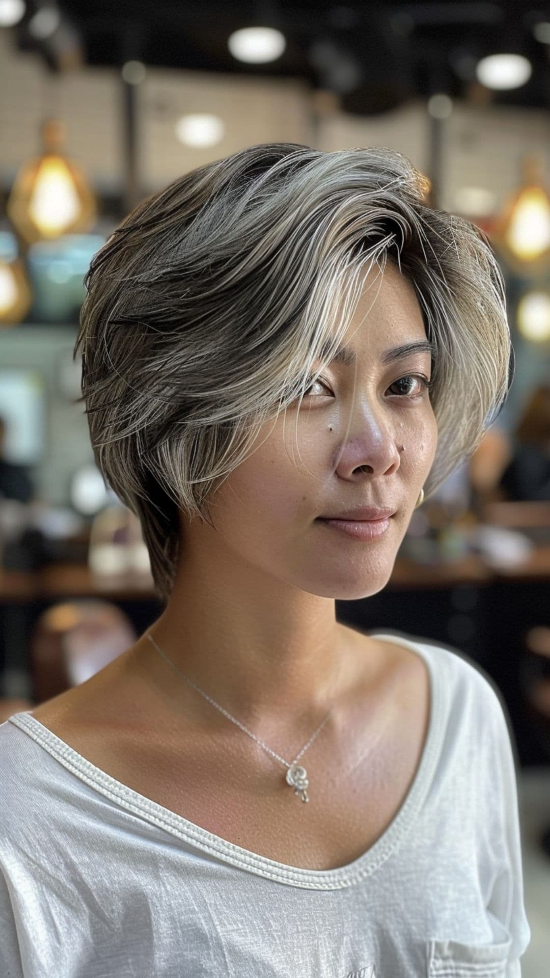 A woman modeling a silver balayage short wolf cut.