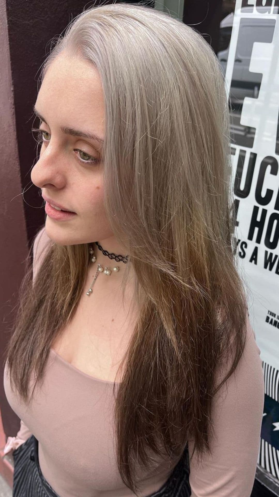 A woman modelling a silver gray to dark brown ombre.