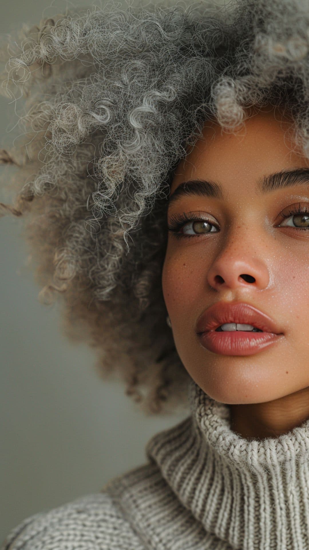 A black woman modelling a silver gray afro hair.