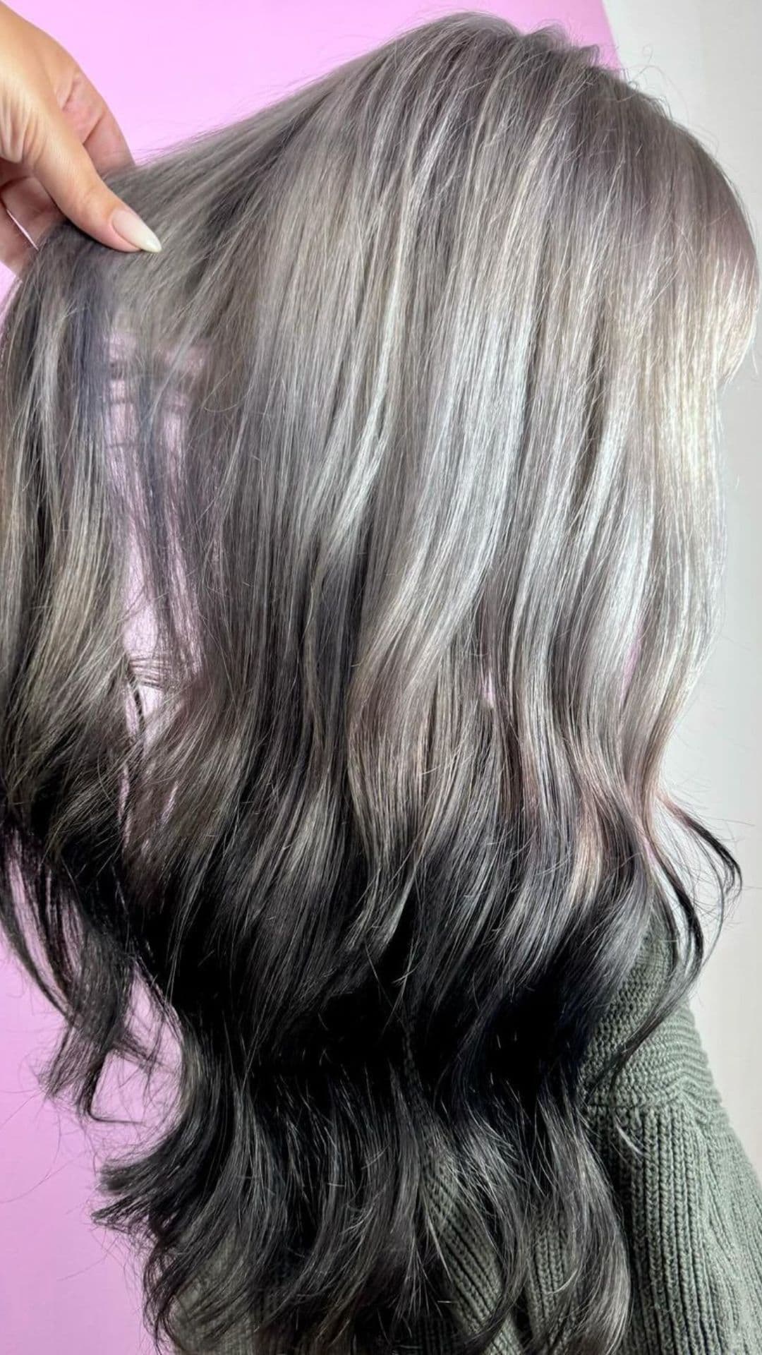 A woman modelling a silver to black ombre.