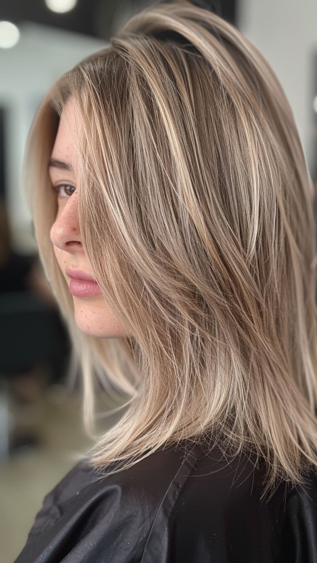 A woman modelling a smokey blonde hair.