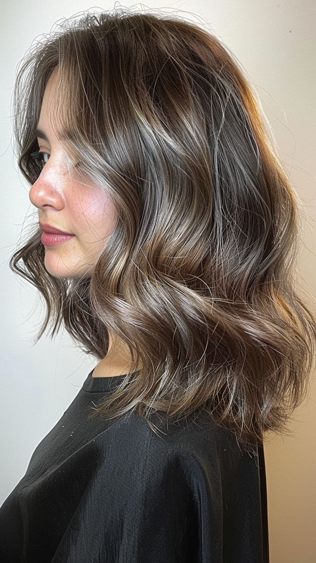 A woman modelling a smokey brunette mushroom.