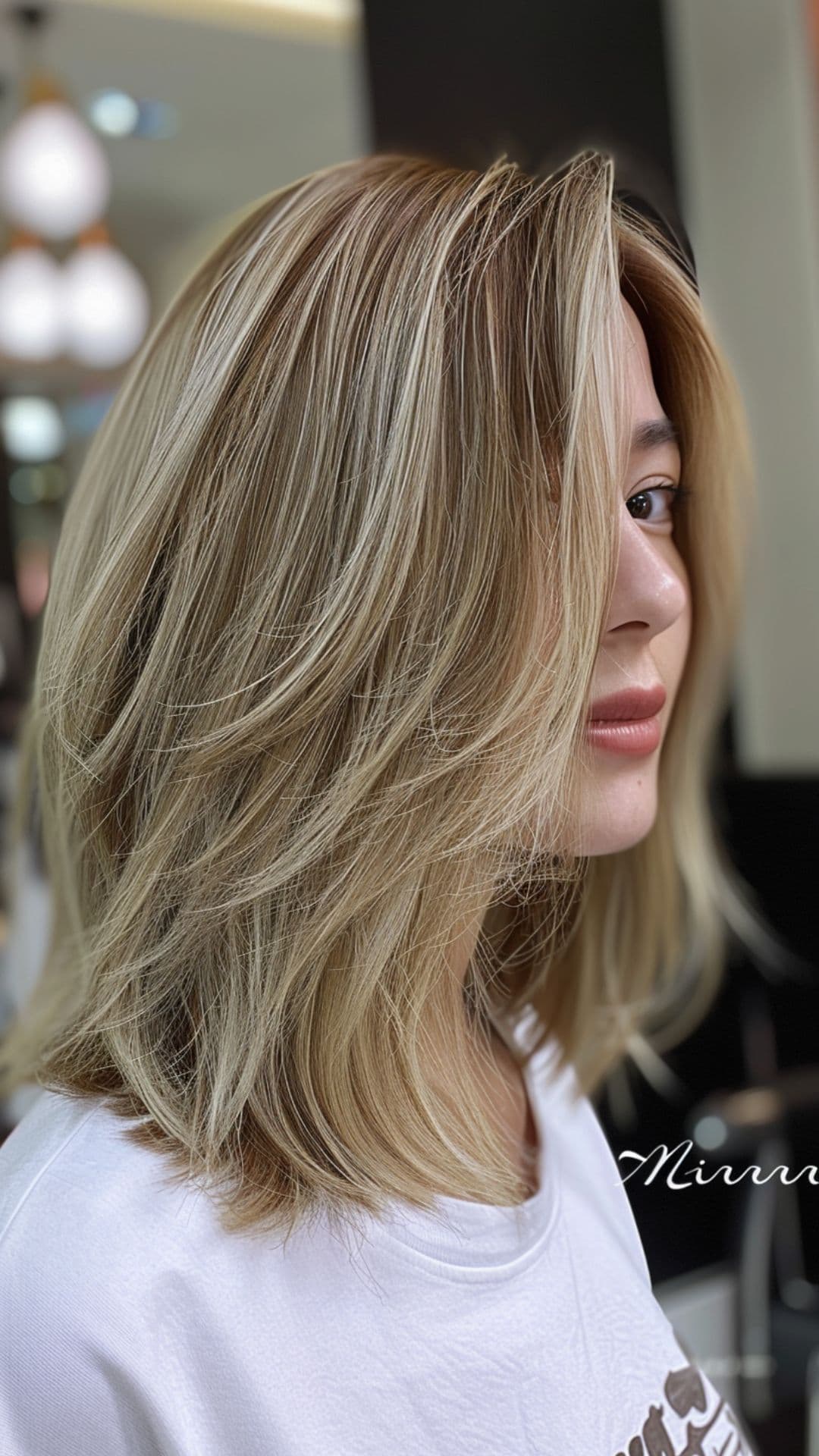 A woman modelling a smoky ash blonde hair.