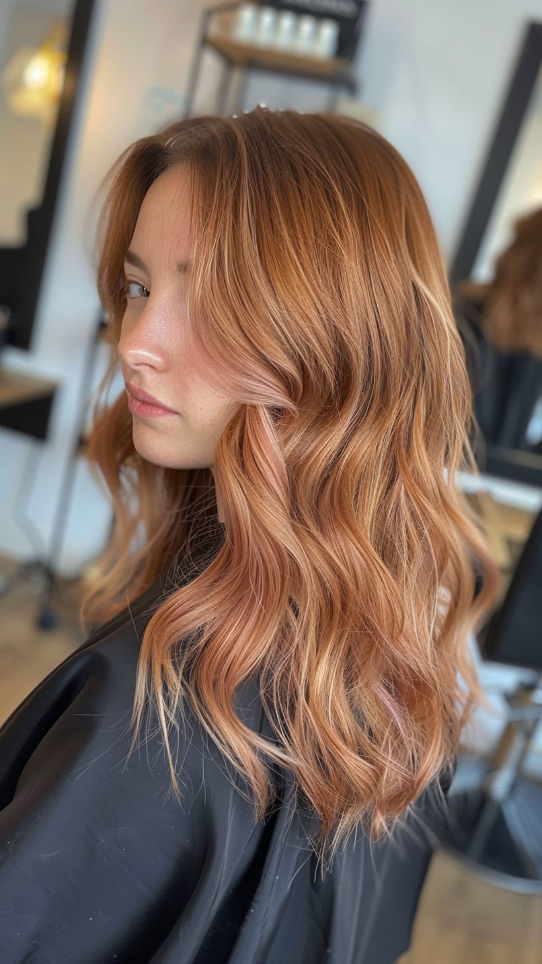 A woman modelling a smoky peach hair.