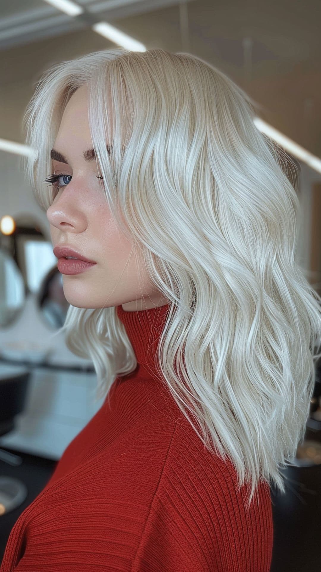 A woman modelling a snowy white hair.