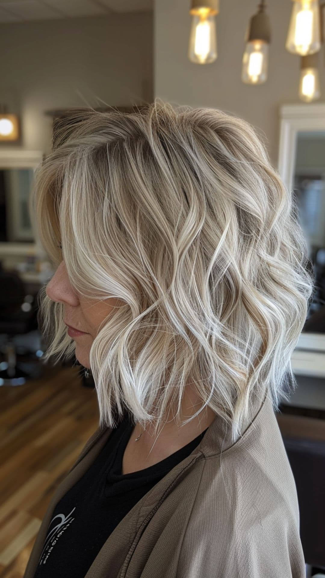 An old woman modelling a soft blonde tousled bob hair.