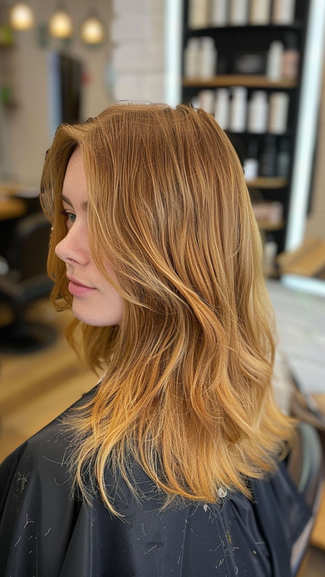 A woman modelling a soft copper auburn sandy hair.