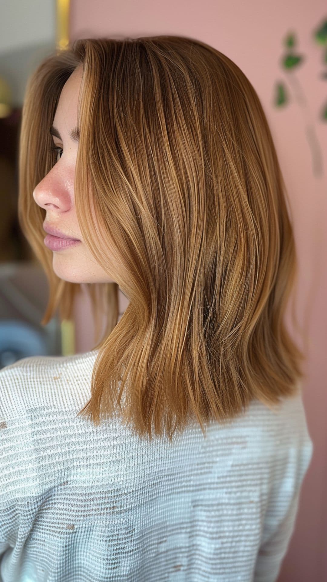 A woman modelling a soft golden balayage lob hair.